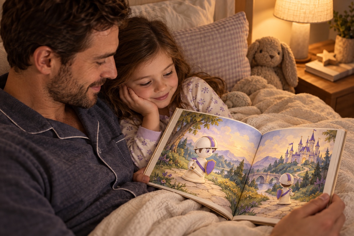 Concept scene of a father and young daughter reading an illustrated magical chess storybook together in bed