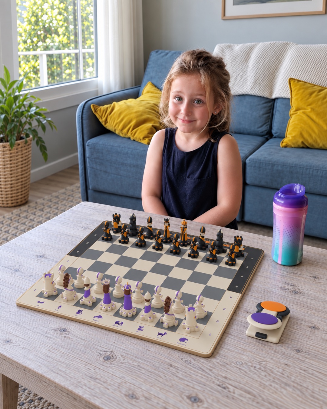 A child exploring Animalumeric Chess at home, with both teams, the animal-coordinate board and the Wings turn marker
